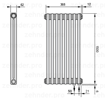 Схема (чертеж) Радиатор Zehnder Charleston 2150/8 №5510 Белый глянцевый RAL 9016